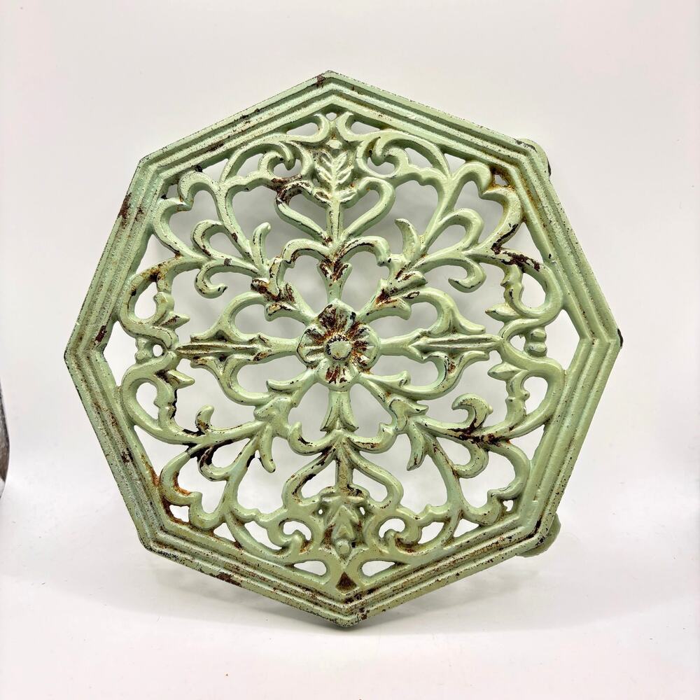 Green 7" Cast Iron Trivet Plant Holder Kettle Teapot Display VTG French Country